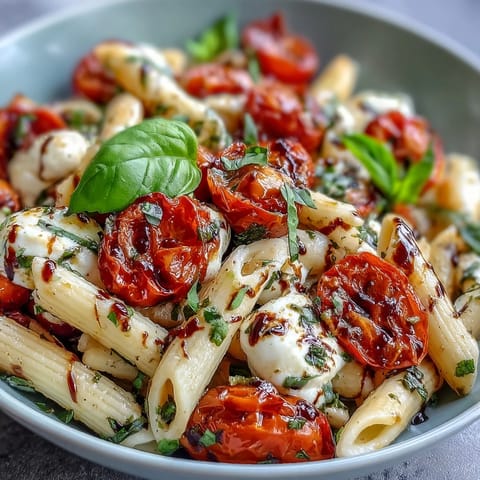 Fresh Caprese-style pasta salad with cherry tomatoes, mozzarella, and basil in a vibrant summer bowl.  