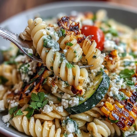 Vibrant pasta salad with smoky grilled zucchini, sweet corn, and Cotija cheese.