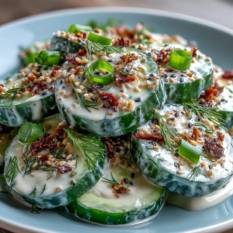 Refreshing TikTok cucumber salad with savory everything bagel seasoning, perfect for lunch.