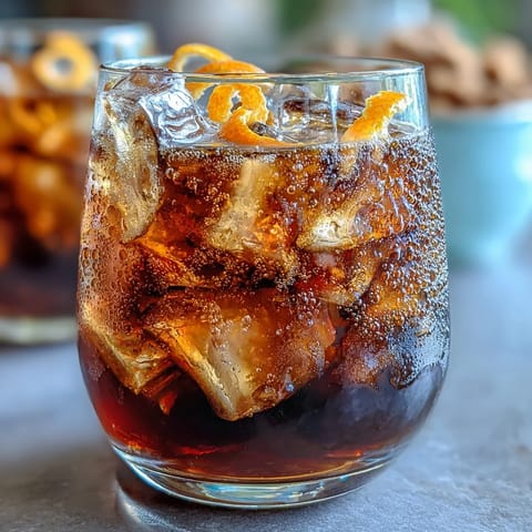 Cold brew coffee tonic with orange zest, sparkling and garnished with bright citrus.