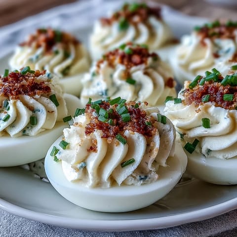 Creamy everything bagel deviled eggs artfully arranged, topped with savory seasoning.