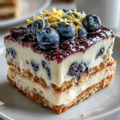 Refreshing Lemon Blueberry Icebox Cake with vibrant blueberries and citrus zest.
