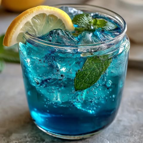 Vibrant butterfly pea flower lemonade changing colors over ice.