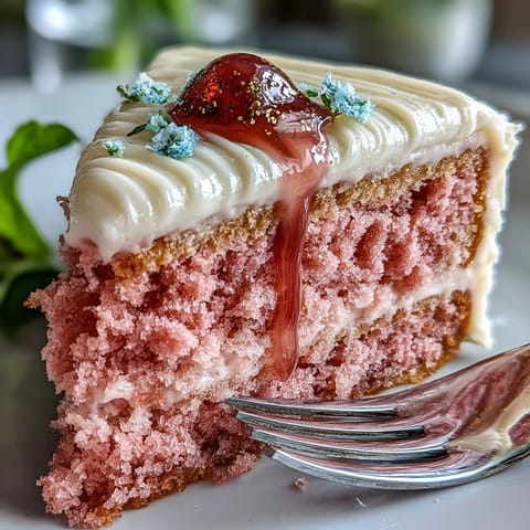 Decadent rosé velvet cake, beautifully frosted and adorned with gold.