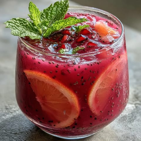 Vibrant dragon fruit lemonade with chia seeds, served over ice with mint.