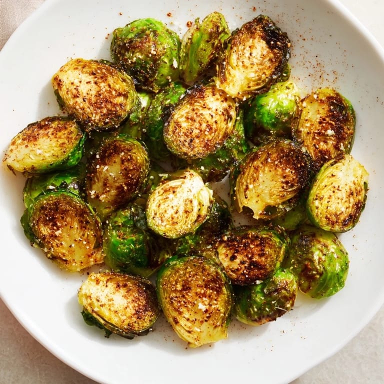 Tender-crisp Roasted Brussels Sprouts, arranged on a baking sheet, offering a delicious side dish's appeal.