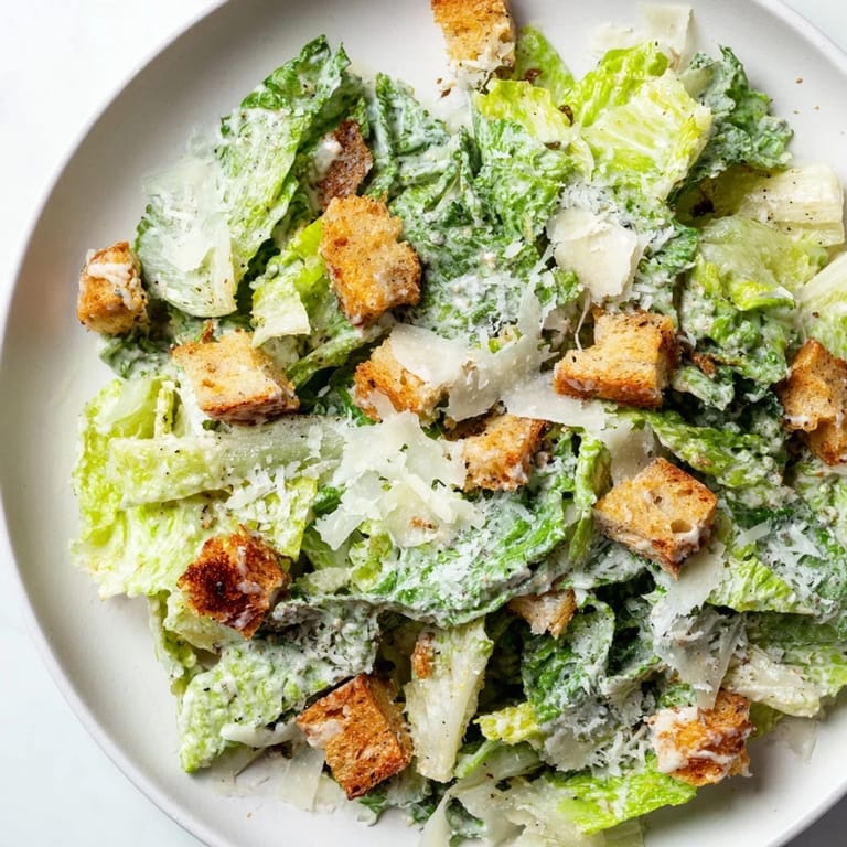 A vibrant bowl of Caesar salad features vibrant greens, grated Parmesan, and golden, toasted croutons ready to eat.