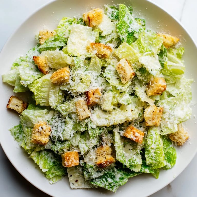 Close-up of Caesar salad: Refreshing romaine lettuce with a creamy dressing, ready to enjoy as a light meal.