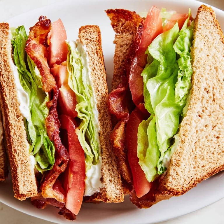 Deliciously stacked BLT sandwich, a quintessential American meal with salty bacon and fresh ingredients.