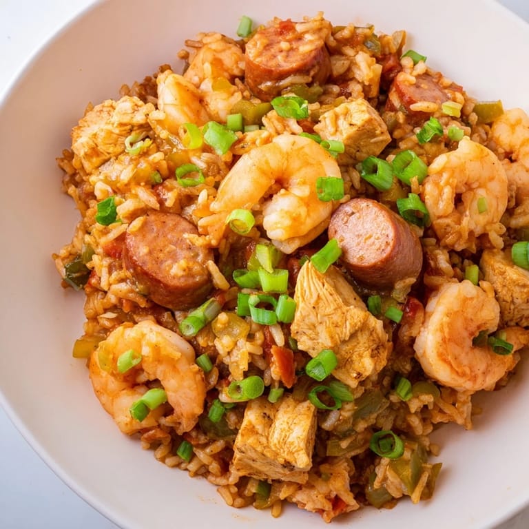 A generous serving of jambalaya showcases juicy chicken, smoky sausage, and vibrant bell peppers.