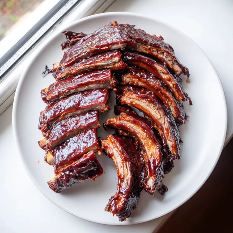 Plump, glistening BBQ ribs, ready to devour, showcasing tender meat and rich barbecue sauce.