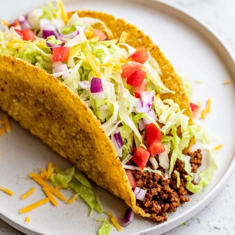 Delicious American-style tacos with a crunchy shell and savory, spiced ground beef filling, ready to eat.