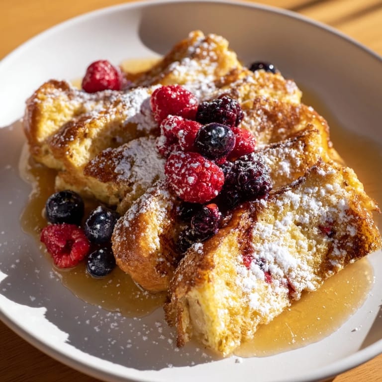 Close-up of fluffy French toast, generously topped with berries, a decadent and delightful brunch choice.