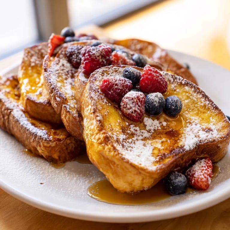 Warm French toast, with a dusting of powdered sugar, making an easy and comforting American breakfast.