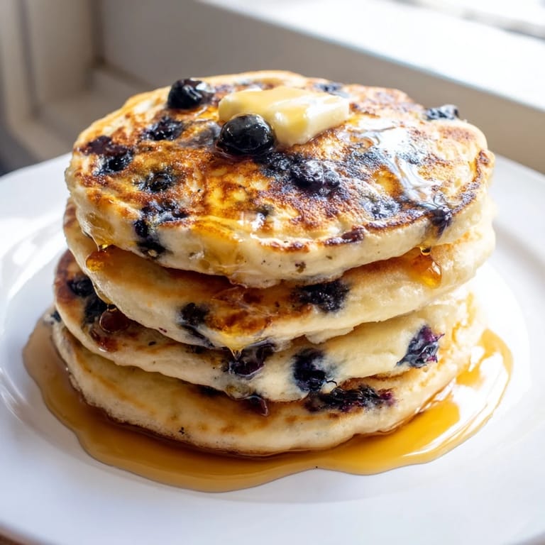 Stack of delectable blueberry pancakes, showcasing a warm, comforting American breakfast favorite.