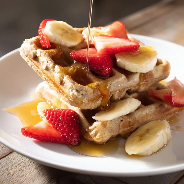 A stack of freshly made waffles, smelling of vanilla and ready for sweet toppings.