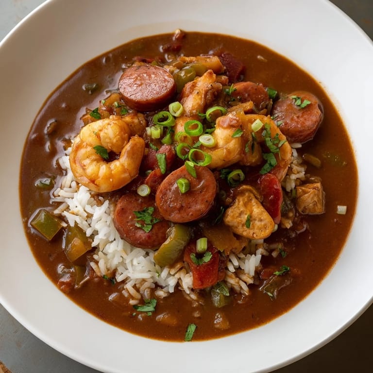 A close-up shot of rich, flavorful gumbo, showcasing tender meat and vegetables, ready to serve.