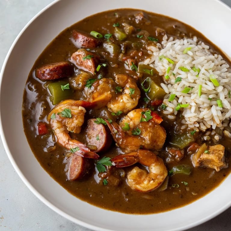 Hearty gumbo brimming with andouille sausage and chicken in a dark roux, a Southern classic.
