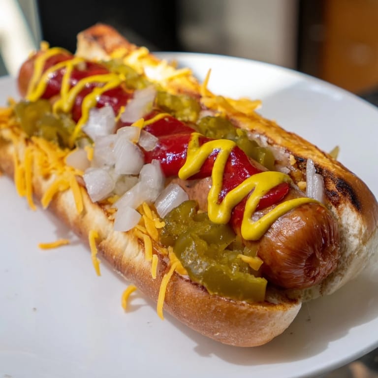 Close-up of classic American hot dogs, piled high with onion and ketchup for dinner.