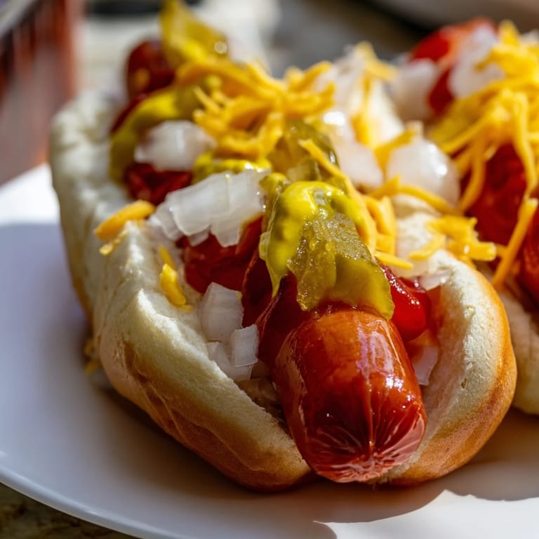 Grilled hot dogs on buns with toppings, simple and delicious for a quick family meal.