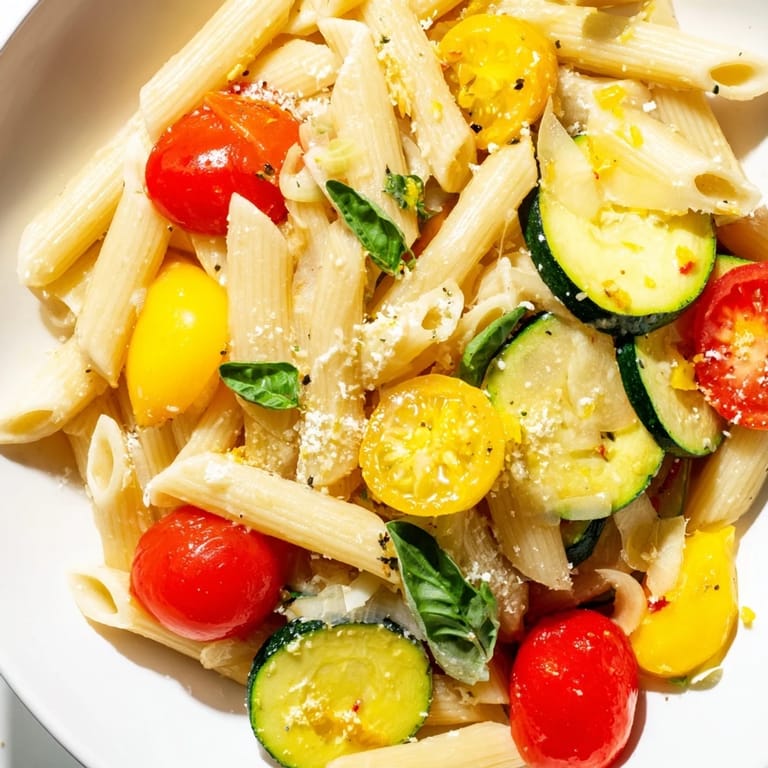 A close-up of al dente penne tossed with summer garden vegetables and a light, glossy sauce, ready to serve in a white ceramic bowl.