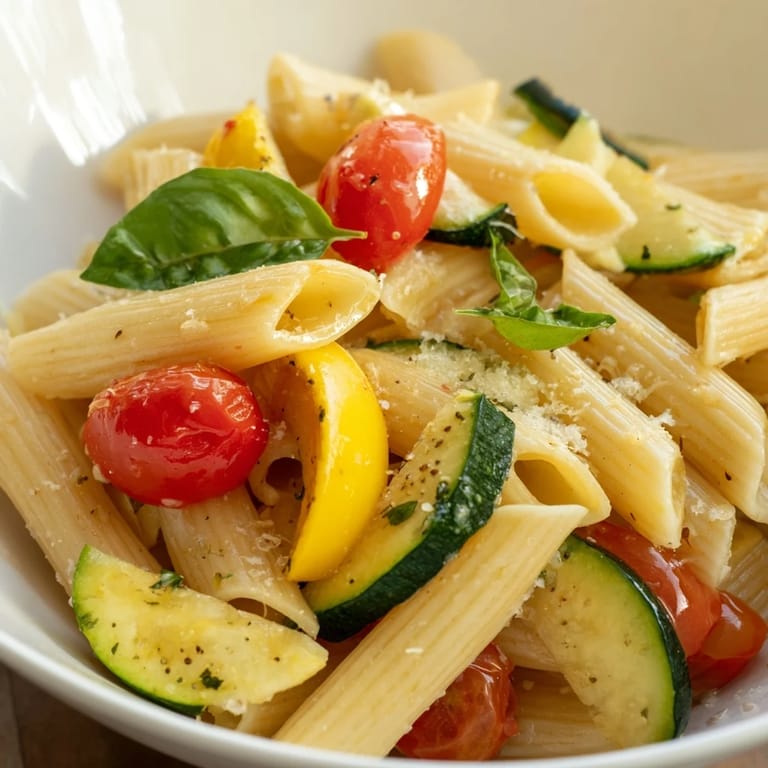 Heaping platter of vegetarian Garden Veggie Pasta, featuring vibrant squash, tomatoes, and basil, topped with optional Parmesan and lemon zest for a fresh finish.