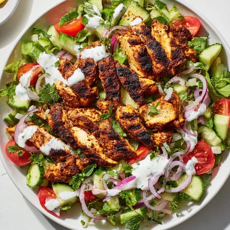 Vibrant Middle Eastern salad with marinated grilled chicken, crisp vegetables, parsley, and tangy yogurt sauce for a refreshing main dish.