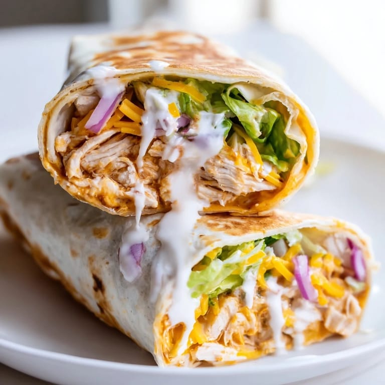 A close-up of a Buffalo Ranch Chicken Wrap on a rustic plate with celery sticks and a small bowl of ranch dressing for dipping.  