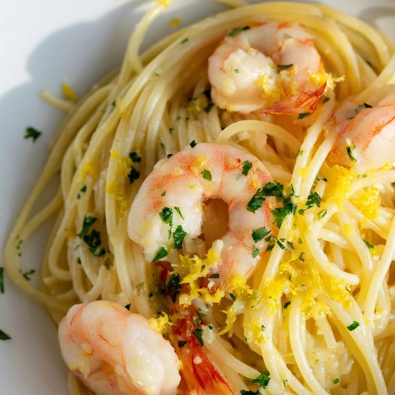 Juicy shrimp and fresh parsley garnish this Lemon Garlic Shrimp Pasta, with lemon wedges for a zesty finish.