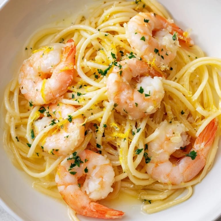 Steaming Lemon Garlic Shrimp Pasta on a rustic table, with a glass of chilled Sauvignon Blanc nearby.