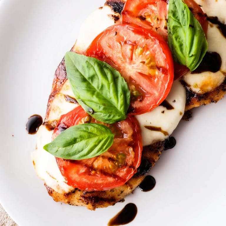 A finished Caprese Chicken Skillet served with fresh basil and melted cheese, perfect for a quick, low-carb Italian dinner.