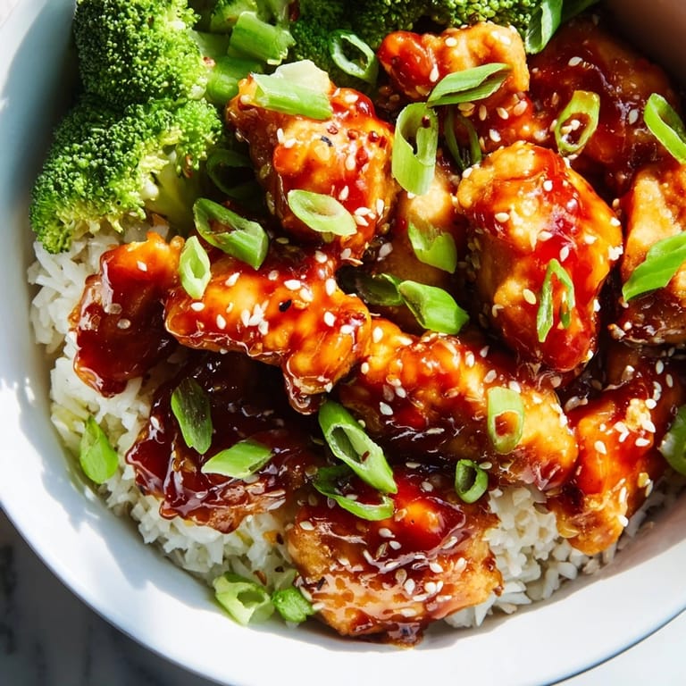Vibrant food photography of a Sweet Chili Chicken Bowl, featuring glossy chicken, fluffy rice, and fresh green onions garnish.