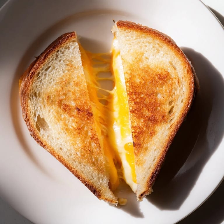 A close-up of a crispy Three-Cheese Grilled Cheese, revealing a gooey, three-cheese filling between toasted bread.