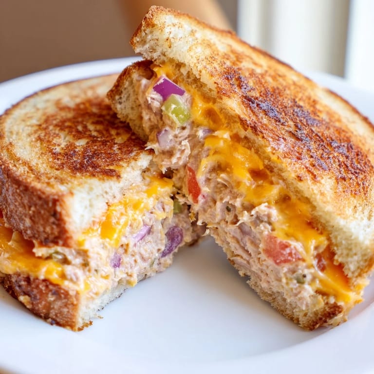 A close-up of a perfectly grilled spicy tuna melt cut in half, showing layers of creamy filling and melted cheese.