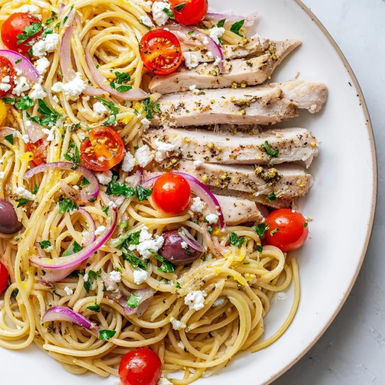 Tossing spaghetti with olives, tomatoes, and herbs in a skillet for this easy Greek Chicken Spaghetti recipe.