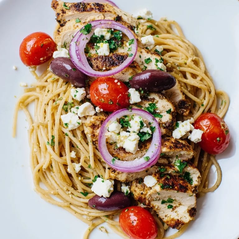 Close-up of Greek Chicken Spaghetti topped with fresh parsley and feta, ready to serve for dinner.