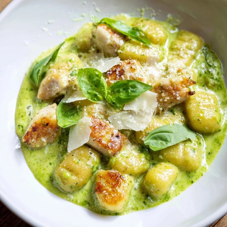 A hearty skillet of Creamy Pesto Gnocchi with Chicken features golden chicken pieces and herbs, perfect for an easy weeknight dinner.