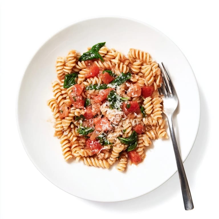 Steam rises from a comforting one-pot rotini dish, showcasing juicy diced tomatoes and bright green spinach in a hearty, vegetarian dinner serving.