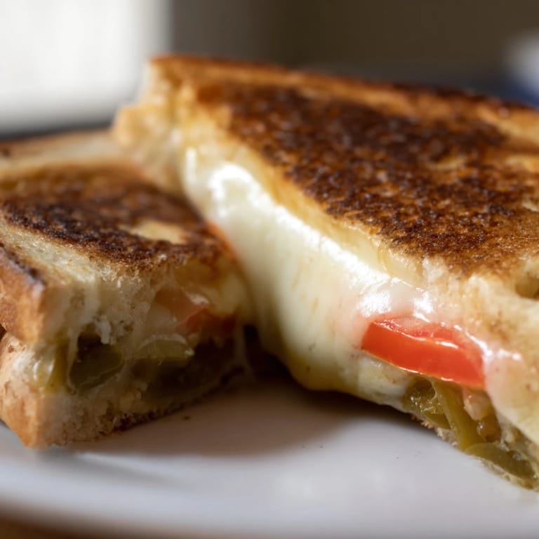 Close-up of a Pepper Jack & Tomato Grilled Cheese, oozing spicy cheese with tomato, cut in half on a rustic table.
