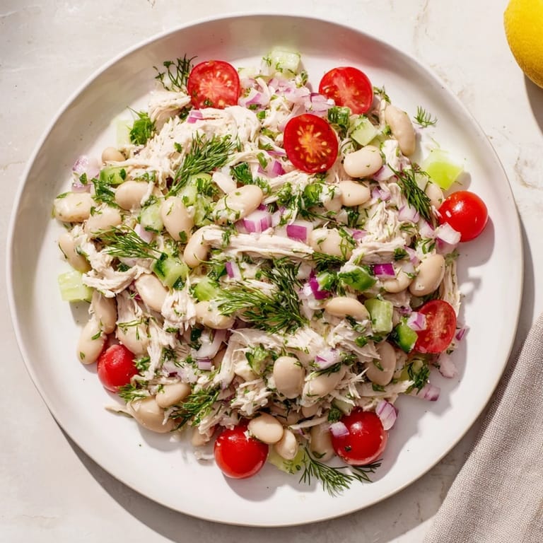 This vibrant Lemony White Bean Chicken Salad features juicy tomatoes and fresh herbs, making it a protein-packed main dish for a light lunch.