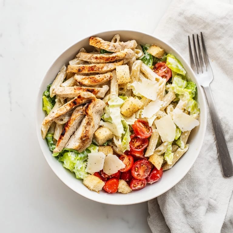 A close-up of a Caesar Pasta Chicken Bowl, featuring golden croutons, shaved Parmesan, and halved cherry tomatoes on top.