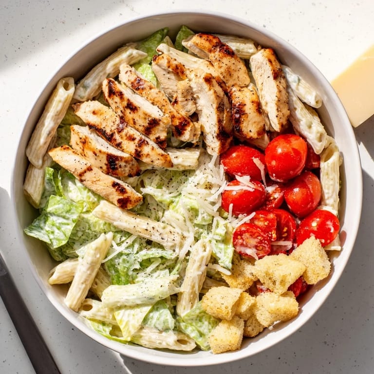 A freshly prepared Caesar Pasta Chicken Bowl, served warm with juicy grilled chicken, al dente pasta, and a drizzle of dressing.