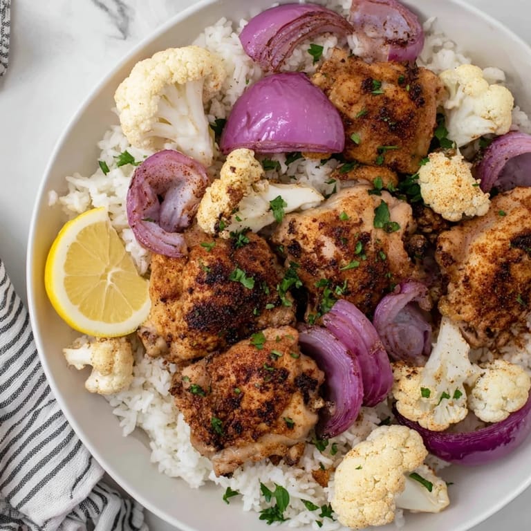 Colorful roasted cauliflower chicken sheet pan featuring red onion, smoked paprika-seasoned chicken, and rice, ready for a family dinner.