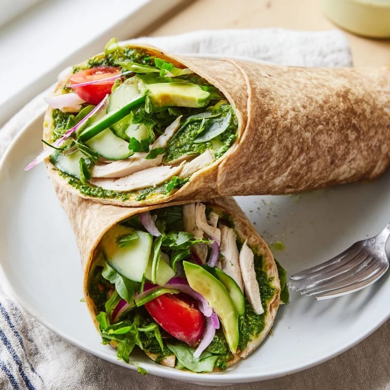 A vibrant wrap filled with herbaceous chimichurri chicken, sliced avocado, and fresh vegetables served on a wooden board.  