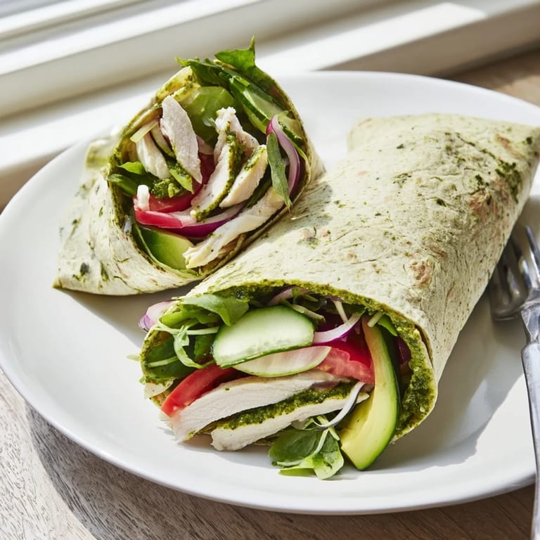 Spicy chimichurri sauce drizzled over a sliced chicken wrap with colorful lettuce and red onion for a tangy bite.