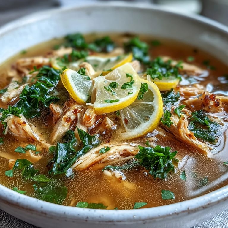 Golden, aromatic high protein lemon and turmeric chicken soup in a rustic bowl, topped with fresh herbs and lemon slices.