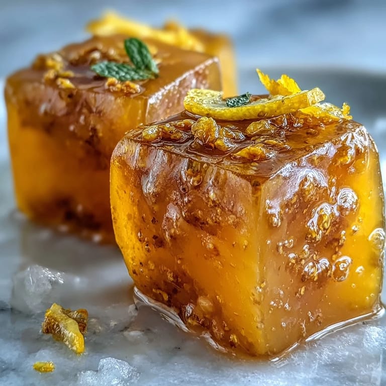 A close-up of vibrant orange Lemon Ginger Turmeric Wellness Cubes glistening with ice, capturing the fresh citrus and spice.