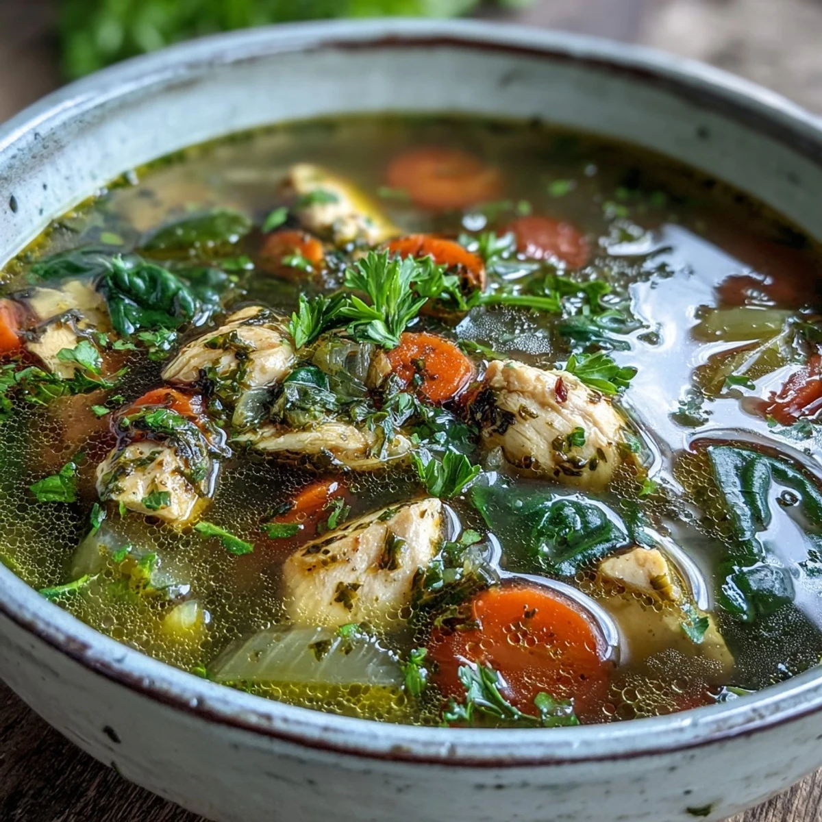 Turmeric Chicken Soup simmering in a pot, with aromatic ginger, garlic, and wilted spinach leaves visible in the broth.