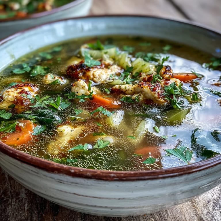A close-up of Turmeric Chicken Soup in a rustic bowl, garnished with cilantro and a lemon wedge for brightness.