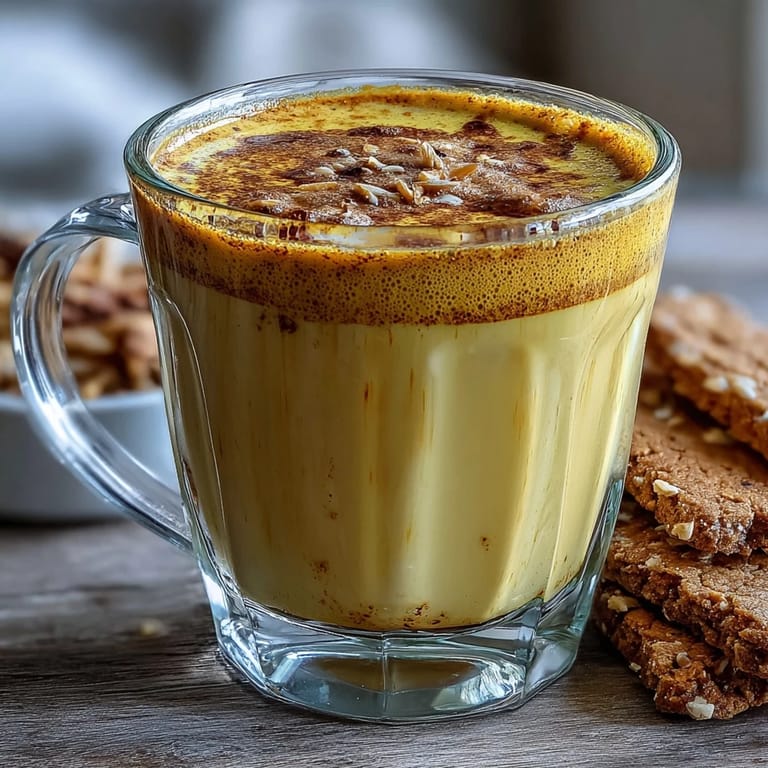 Golden-hued Turmeric and Ginger Golden Milk glows warmly in a rustic mug, ready to sip.